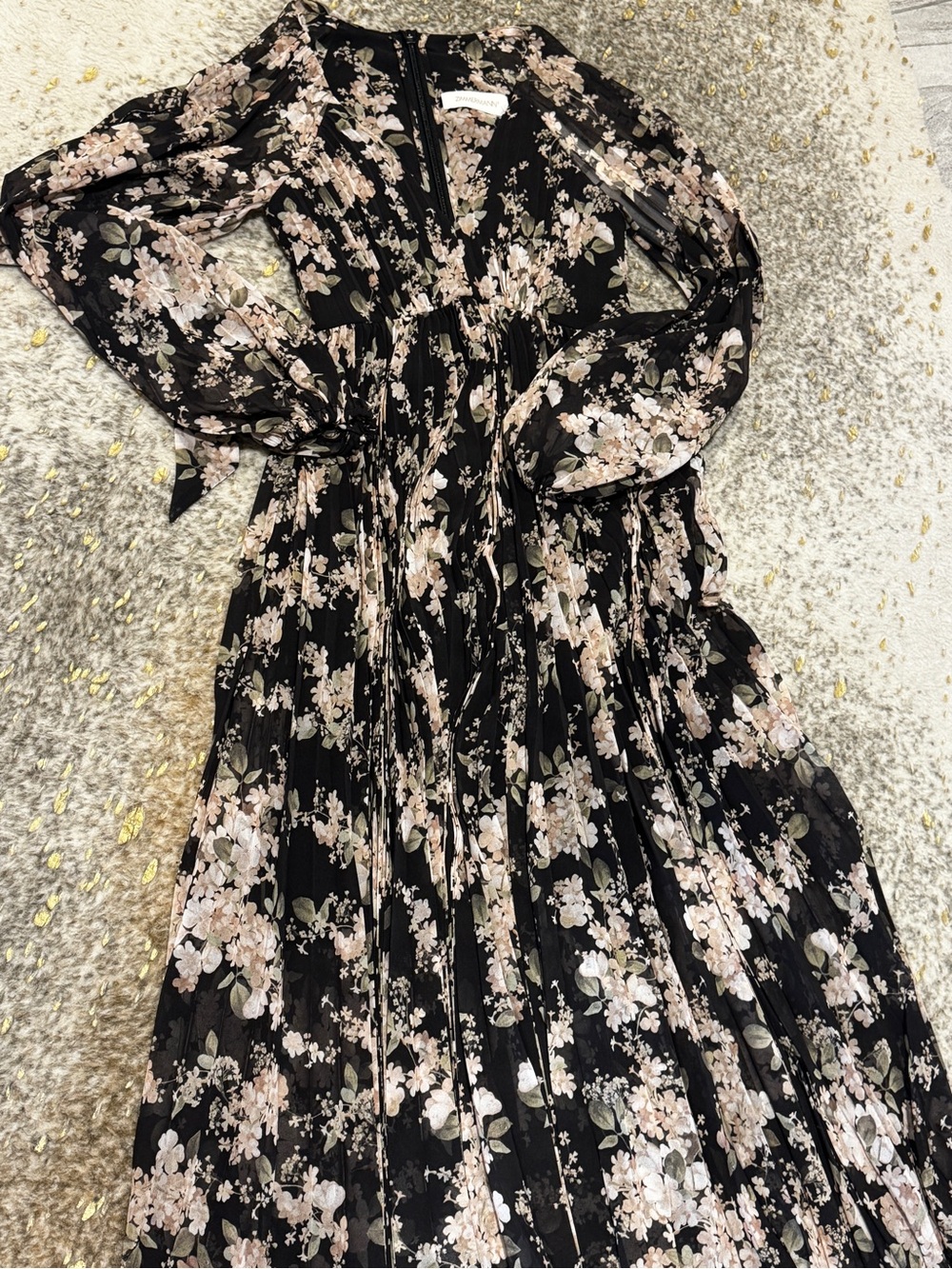 Zimmermann Sunray Pleated Midi Dress | Black Ivory Floral, Puff Sleeve, Neck Tie